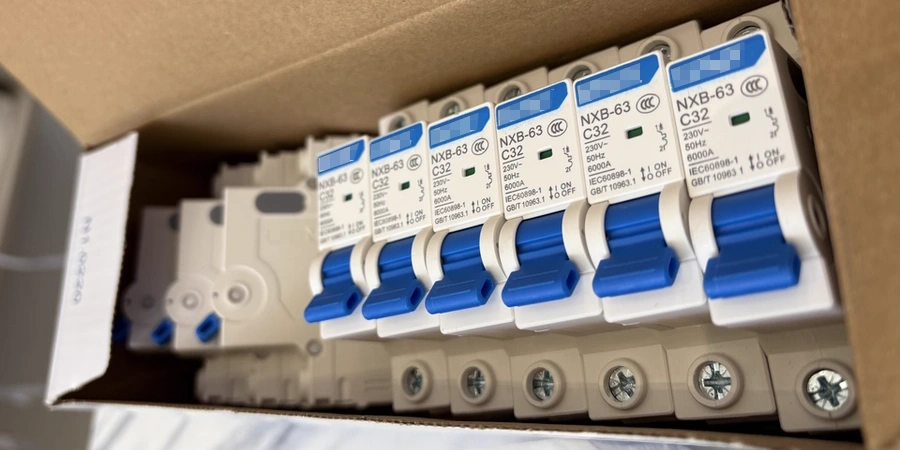 A close-up view of a cardboard box containing multiple CHiNT NXB-63 C32 miniature circuit breakers, each with a blue switch and labeled specifications.