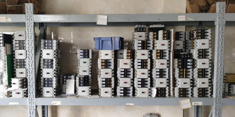 A warehouse shelf stocked with multiple rows of circuit breakers, featuring white and black casings with red and black switches. The shelves are organized with labels, and a blue storage bin is placed among the breakers, with a tiled wall in the background.