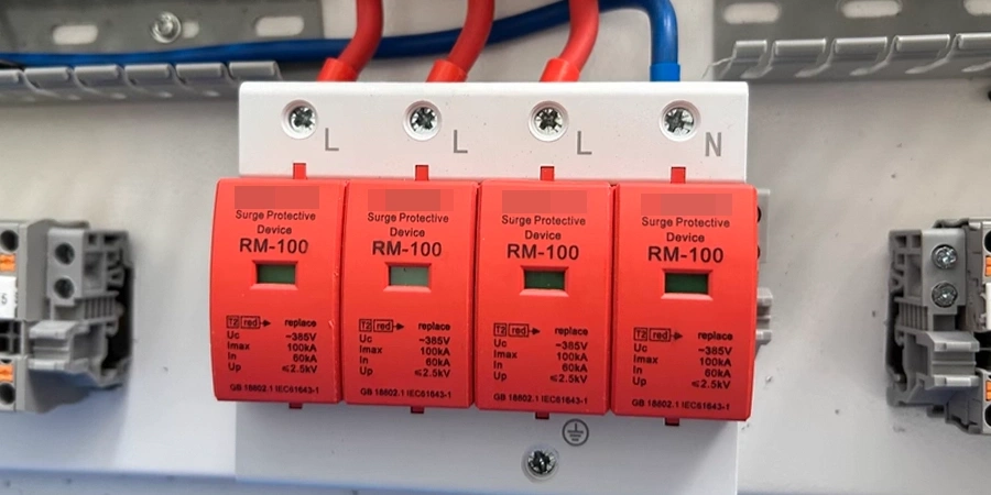 Four red RM-100 surge protective devices mounted on a white electrical panel, labeled with specifications including 385V and 100kA. The devices are connected with red and blue wires, and the panel includes labels for L and N terminals.