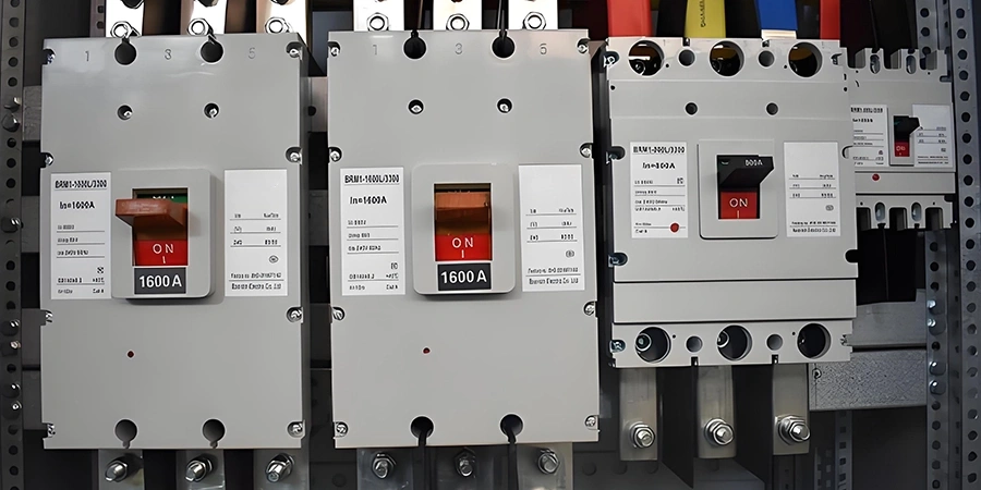 Three gray industrial circuit breakers mounted on a metal panel, each with a red and black switch labeled 'ON' and 'OFF.' The breakers are rated at 1600A and 500A, with labels indicating specifications and brand names such as Eaton and Schneider Electric. Colored wires are visible in the background.