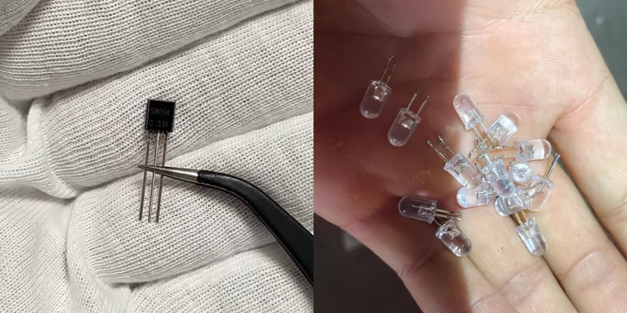 A split image showcasing electronic components. On the left, a gloved hand holds a black transistor labeled