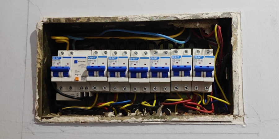 A recessed electrical panel containing multiple miniature circuit breakers (MCBs) labeled