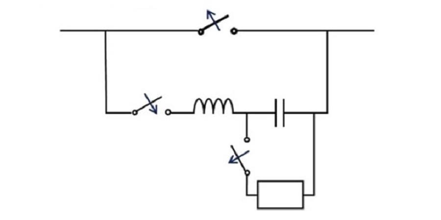 A simple black-and-white electrical circuit diagram. The circuit starts with a horizontal line representing a power source or load, connected to a switch with an arrow indicating direction. Below, a vertical line leads to a series of components: a switch with an arrow pointing downward, an inductor depicted as a coiled line, a capacitor shown as two parallel lines, and a rectangular load symbol at the bottom. Blue arrows indicate the flow of current through the switches and components.
