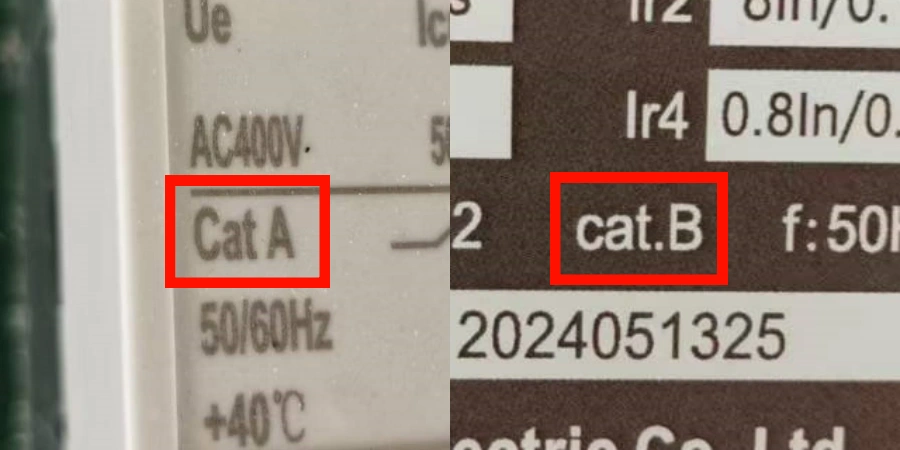 A close-up image of a circuit breaker label with technical specifications. The label highlights 'Cat A' and 'cat.B' in red boxes, indicating different categories or settings. Other details include 'AC400V,' '50/60Hz,' '+40°C,' '2024051325'