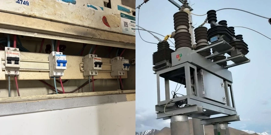 A side-by-side image comparing two types of circuit breakers. On the left, a low-voltage circuit breaker is mounted on a panel with red and blue wires, featuring a white casing with blue toggle switches. On the right, a high-voltage circuit breaker is shown outdoors, mounted on a pole with a mountainous background, featuring a metallic structure with multiple insulators and wires, designed for higher electrical capacities.