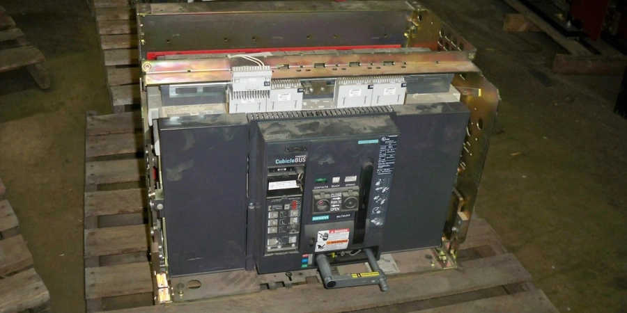 A side view of an insulated case circuit breaker mounted on a pallet, featuring a Siemens Cubicle BUS panel. The breaker has a dark gray body with various control switches, indicators, and wiring connections. The setup includes a metal frame and additional components mounted above, with a concrete floor and industrial background.
