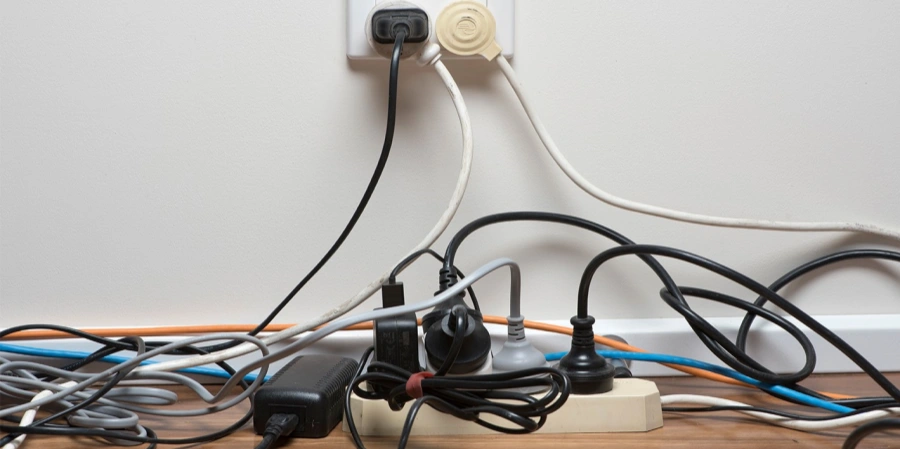 A photograph depicting an overloaded electrical outlet with a chaotic tangle of cords. The outlet on the wall has multiple plugs connected, including a power strip and an adapter, with black, white, and colored cables extending in various directions. The cords are loosely piled on a wooden surface below, creating a cluttered and hazardous setup, highlighting the risk of electrical overload due to excessive device connections.
