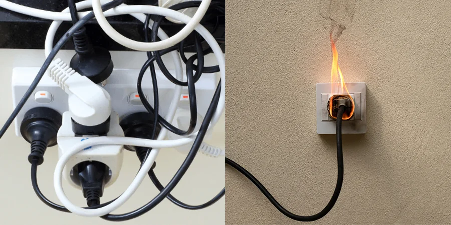 A split photograph illustrating the dangers of electrical overload and short circuit. On the left, an overloaded power strip with multiple plugs and tangled cords connected to a single outlet, showing a hazardous setup with several devices drawing excessive power. On the right, a wall outlet with a plug engulfed in flames, indicating a short circuit caused by a fault in the wiring or connection, with visible burn marks on the wall. The image highlights the risks of electrical misuse and failure.