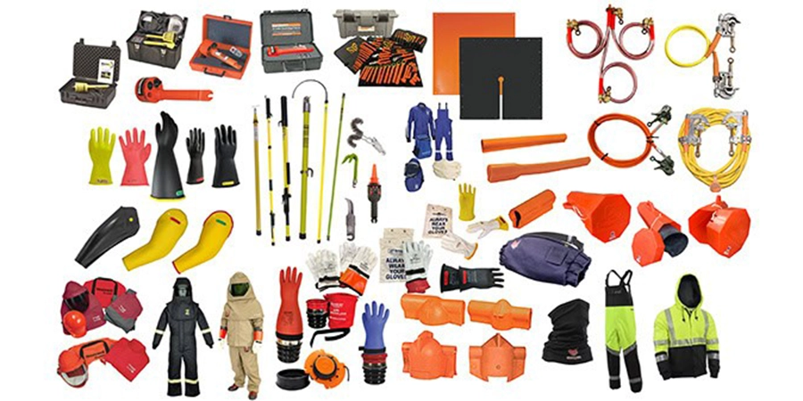 A collection of personal protective equipment (PPE) designed for electrical safety, including various gloves, suits, helmets, face shields, insulating mats, tool kits, and safety harnesses. Items are displayed in a grid layout with colors such as orange, yellow, blue, green, and black, featuring tools like insulated poles, rubber sleeves, and high-visibility jackets.