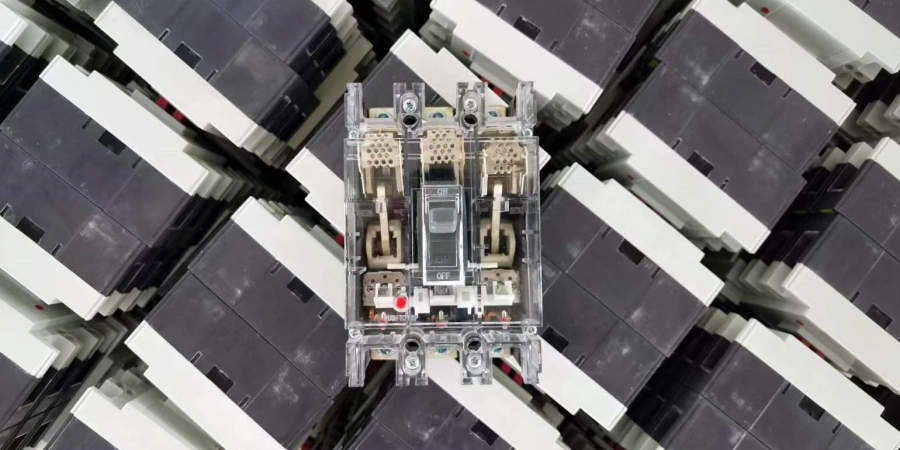An overhead view of a stack of white-housed molded case circuit breakers (MCCBs) arranged in a grid pattern, with one transparent-cased MCCB placed centrally on top. The clear unit reveals internal components including a gray toggle switch labeled "OFF," beige terminals, and a red indicator; surrounding white units show similar black and white casings with visible wiring ports.
