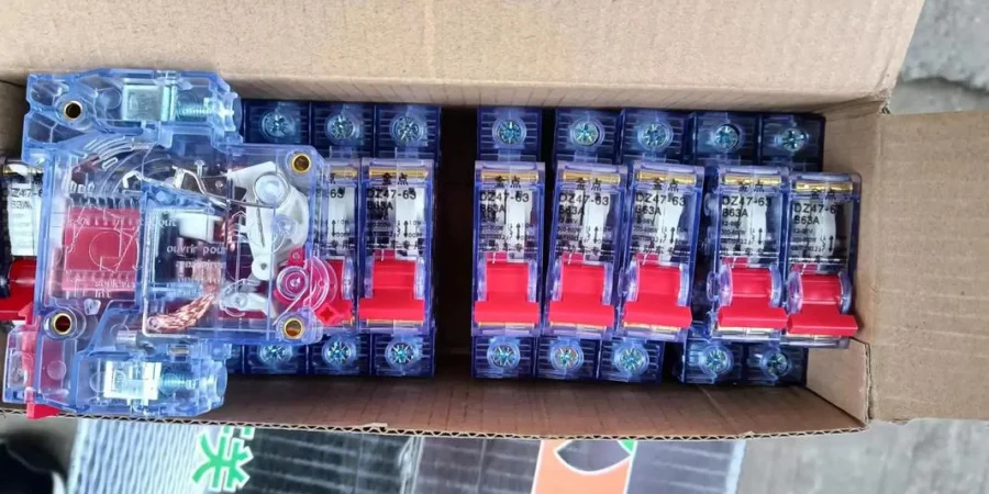 A top-down view of an open cardboard box containing multiple transparent miniature circuit breakers (MCBs) with blue plastic housings and red toggle switches in the 