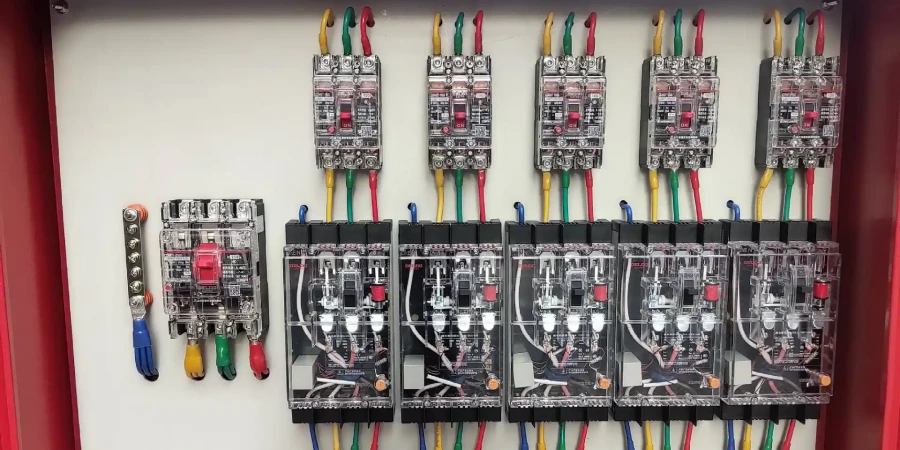 A close-up view inside a red-framed electrical panel on a white backing, featuring a row of six black molded case circuit breakers with red levers, connected by multicolored (blue, green, yellow, red) insulated wires. To the left, a busbar terminal block with a red indicator and attached blue and green jumper clips, alongside transparent relay units with internal components visible.