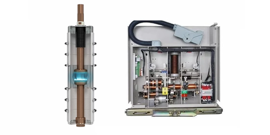 An image showing the internal components of a vacuum circuit breaker. On the left, a vertical section reveals a cylindrical assembly with a brown central rod and a glowing blue section, surrounded by a white and metallic casing with multiple attachment points. On the right, an open panel displays a complex arrangement of wires, coils, and mechanical parts, including a black coiled cable, green and red components, and various metallic connectors, all housed in a gray enclosure with a hinged door.