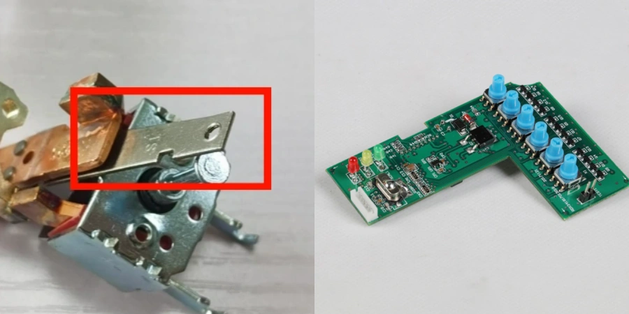 Side-by-side comparison of MCCB trip mechanisms. Left: Mechanical unit with bimetal strip highlighted in red box, copper contacts, and screw. Right: Green electronic circuit board with blue DIP switches, red and yellow LEDs, and microcontroller.