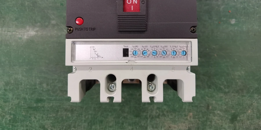 A close-up image of an electronic molded case circuit breaker (MCCB) featuring a red push-to-trip button, a test button, and adjustable dials for current and time settings, mounted on a white base with a green background.