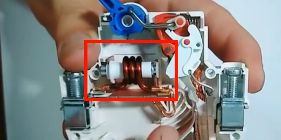 Close-up of an open circuit breaker held in a hand. Red box highlights the copper coil around a white core, used for magnetic tripping. Blue handle and internal springs are visible.