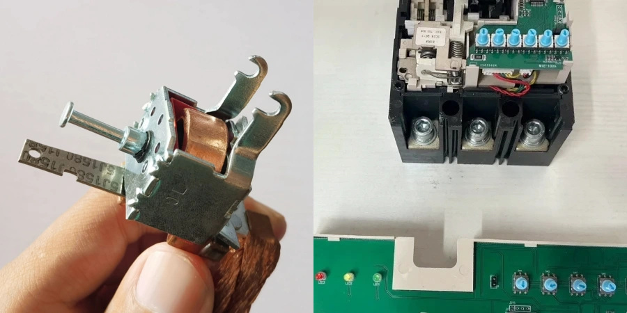 Split view of MCCB trip units. Left: Hand holding a thermal-magnetic unit showing the copper coil, plunger, and bimetallic strip. Right: Open electronic unit showing a green circuit board with blue DIP switches, red/yellow/green LEDs, and a black terminal block.