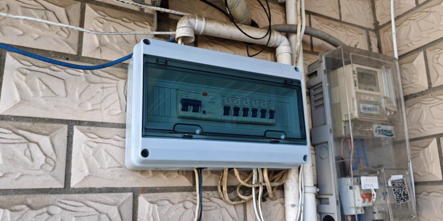 White waterproof plastic enclosure with transparent door mounted on a brick wall next to a utility meter. Inside: one large blue circuit breaker and several smaller blue breakers in a row. Wires enter from the bottom and sides.