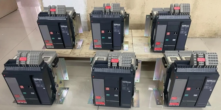 Six large black air circuit breakers (ACBs) with red handles and terminal covers arranged in two rows on wooden pallets in a warehouse. Each unit features control buttons, display labels, and mounting brackets, ready for shipping or installation.