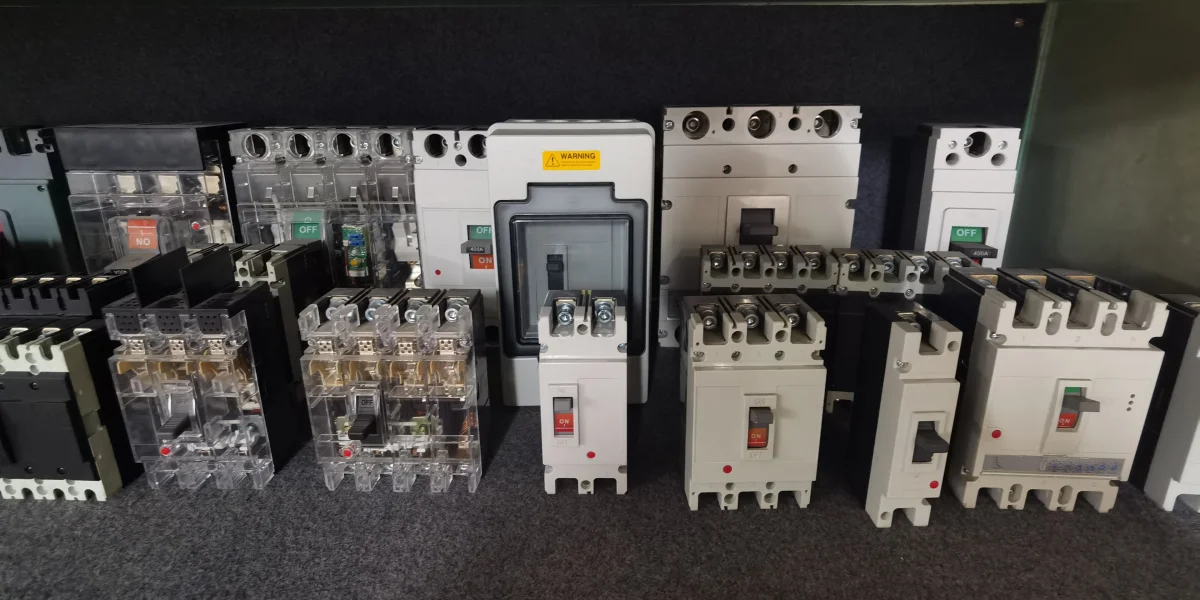 A row of different molded case circuit breakers (MCCBs) arranged on a gray surface against a dark background. The units vary in size, color (black, white, transparent covers), pole count, and handle colors (red, green, black), showing a range of industrial electrical protection devices.