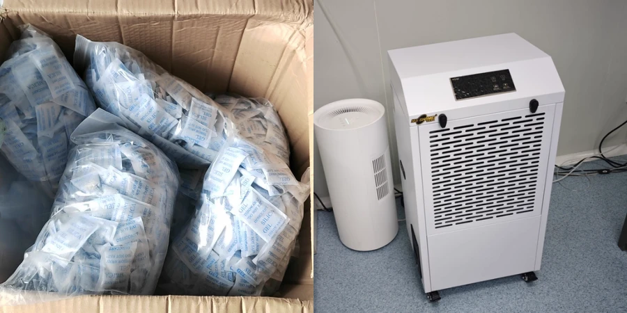 Split view. Left: Open box filled with plastic bags of white silica gel desiccant packets. Right: White industrial dehumidifier next to a white air purifier on a blue floor.