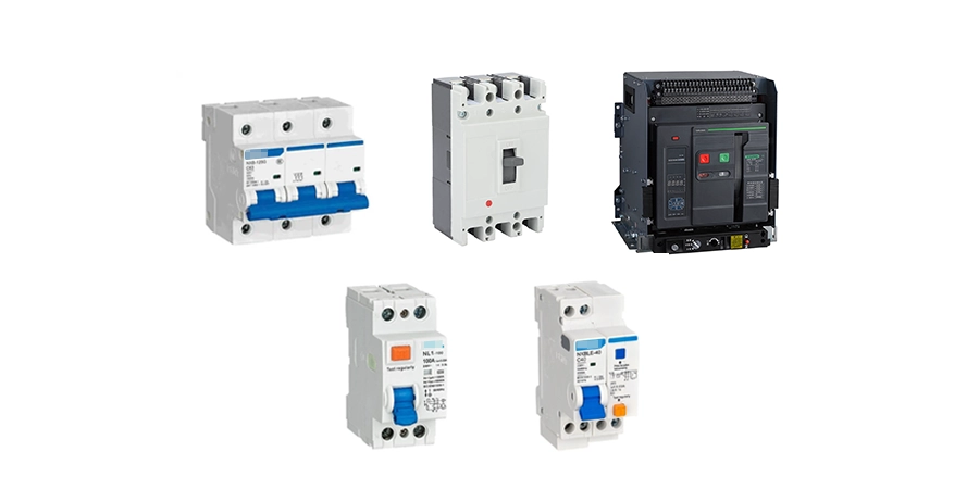 Five common low-voltage circuit protection devices on a white background: a 3-pole miniature circuit breaker (MCB) with blue handles, a single-pole molded case circuit breaker (MCCB), a large air circuit breaker (ACB), a residual current circuit breaker (RCCB) with orange test button, and a residual current breaker with overcurrent protection (RCBO).