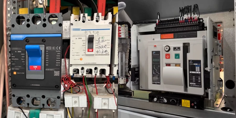 Side-by-side photo of a well-maintained electrical cabinet: on the left is a blue-handled molded case circuit breaker (MCCB) switched to ON with neatly arranged power wires; on the right is a larger white air circuit breaker (ACB) with digital display, control buttons, and terminal blocks, everything clean and professionally wired.
