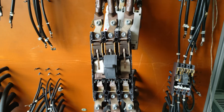 Multiple molded case circuit breakers (MCCBs) mounted on an orange panel, wired with black cables and copper busbars for temperature rise testing. Each MCCB has its own ON/OFF switch, with terminals and connections visible in a lab setup.