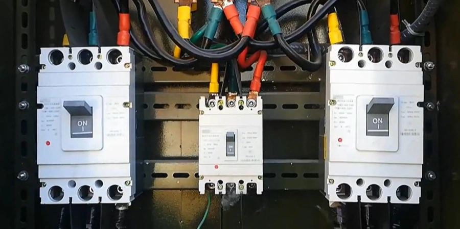 Three white molded case circuit breakers (MCCBs) neatly mounted on a DIN rail inside an electrical cabinet. The two larger MCCBs on the left and right have their handles in the ON position, with thick colored power cables connected at the top. A smaller MCCB sits in the center.
