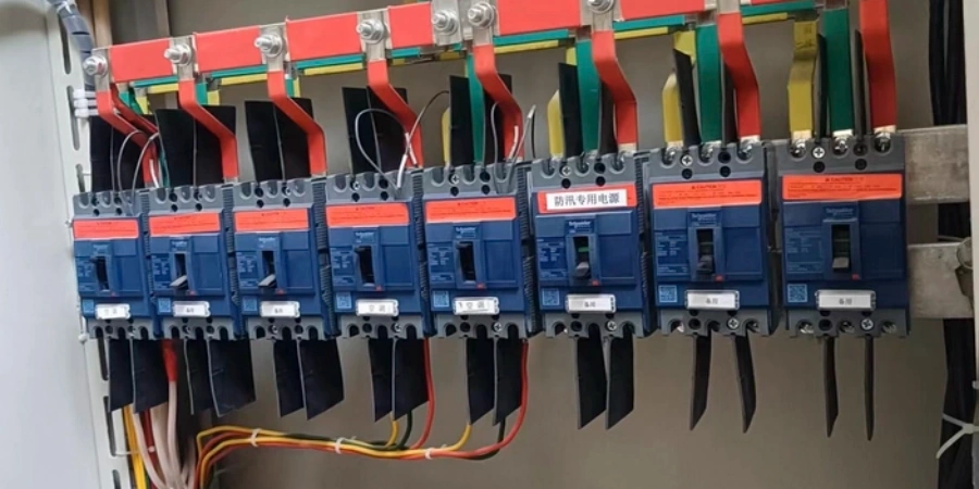 Six blue molded case circuit breakers mounted on a rail in an electrical panel, connected to red, green, and yellow busbars above, with black phase barriers between them and colored wires below.