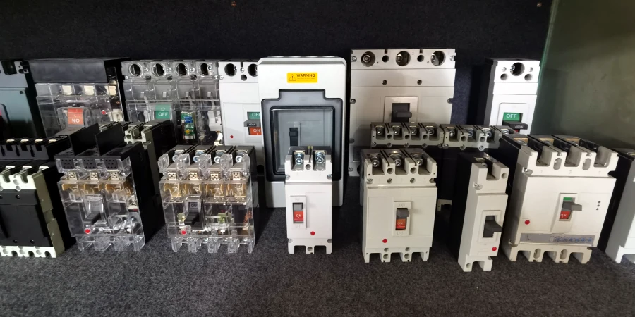 A row of different molded case circuit breakers (MCCBs) arranged on a gray surface against a dark background. The units vary in size, color (black, white, transparent covers), pole count, and handle colors (red, green, black), showing a range of industrial electrical protection devices.