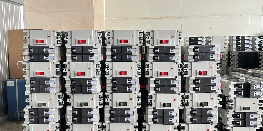 Multiple new molded case circuit breakers (MCCBs) neatly stacked in rows inside a warehouse. Each breaker has a white body with black base, red test buttons, and handle indicators, ready for installation.