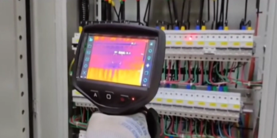A technician holding a handheld thermal imaging camera pointed at an open electrical control panel. The camera screen shows a clear overheating hotspot in bright yellow and red on one of the circuit breakers, while the rest of the panel appears cooler in blue and purple colors. Various colored wires and terminal blocks are visible in the background.