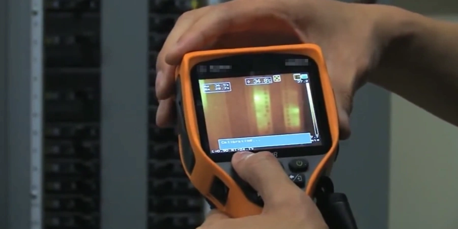 Hand holding an orange thermal camera aimed at an electrical panel, showing an infrared view of circuit breakers.