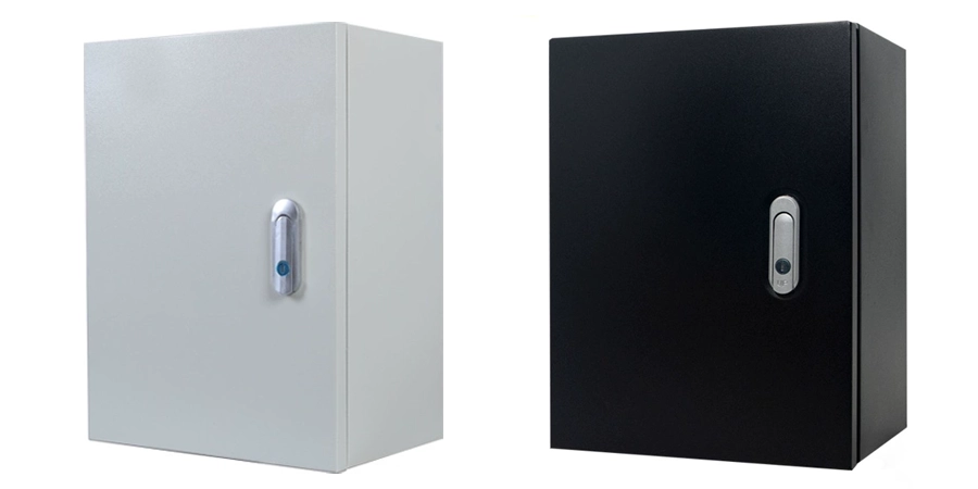 Two wall-mounted metal distribution boxes side by side on a white background: a light whie enclosure on the left and a matte black one on the right. Both feature a secure swing handle lock with a blue key slot, ideal for indoor or outdoor electrical panel housing.