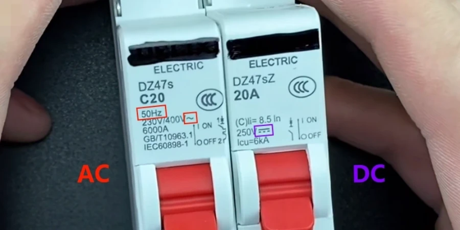 Two white miniature circuit breakers held side by side. The left one is labeled 'AC' in red, marked DZ47s C20, with ratings for 230V/400V 50Hz AC. The right one is labeled 'DC' in purple, marked DZ47sZ 20A, with a 250V DC rating and different symbols. Both have red toggle switches in the OFF position.
