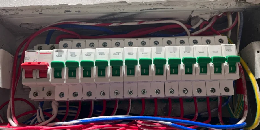 A row of white miniature circuit breakers mounted on a DIN rail inside a residential electrical distribution box. Most have green toggles in the ON position and are labeled C10, C16, or C20. The leftmost one has a red toggle in the OFF position. Colored wires—red, blue, black, and yellow-green—are connected at the bottom, with some cables bundled above.
