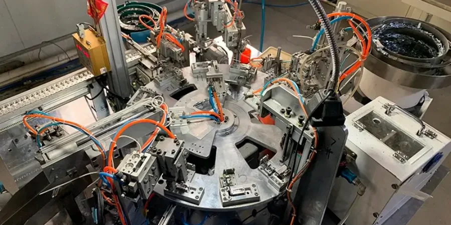 A close-up view of an automated riveting machine featuring a central rotary indexing table with multiple stations equipped with pneumatic actuators, tooling arms, and orange and blue pneumatic hoses. Vibratory bowl feeders are visible on the sides for component feeding, indicating a high-precision assembly process typically used in the production of low-voltage circuit breakers in industrial settings, such as those in China's electrical manufacturing hubs.
