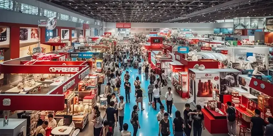 An aerial view of a bustling exhibition hall at the China Import and Export Fair (Canton Fair) in Guangzhou, featuring numerous red-themed booths densely packed with displays of household appliances, electronics, and electrical products. A large crowd of international buyers and exhibitors navigates the wide central aisle on a blue carpeted floor, under a high ceiling with exposed beams and bright lighting. This scene captures the vibrant atmosphere, where low-voltage circuit breakers and related electrical components are prominently showcased by Chinese manufacturers, facilitating global sourcing and trade in the Asia Pacific market.