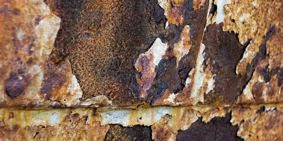 A close-up of a copper metal surface showing heavy corrosion from exposure to corrosive gases. The original copper color is covered in dark brown, black, and greenish-blue patches with rough, uneven texture and flaking areas.