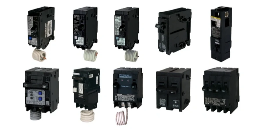 A group of black dual function circuit breakers on a white background. These breakers combine arc fault circuit interrupter (AFCI) and ground fault circuit interrupter (GFCI) protection in one unit. Several have test buttons and status indicators, with labels showing ratings like 15A and 20A, and some include coiled white pigtail wires for neutral connection.