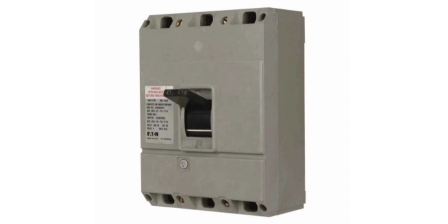 Grey Eaton naval shipboard molded case circuit breaker with black handle in the OFF position, featuring rugged shock-resistant housing, top and bottom power terminals, test button, and warning label on a white background.