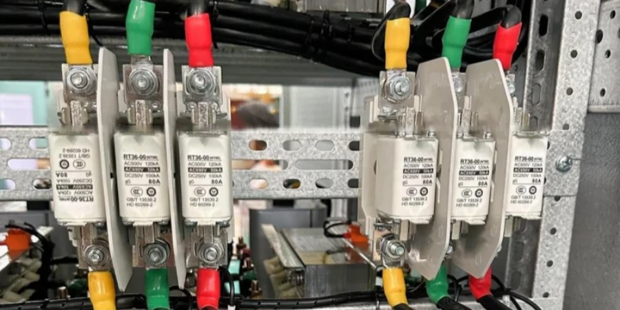 A close-up view of several white fuse holders mounted on a metal rail in an electrical panel. Each holder contains a fuse labeled 'RT36-00 80A' and is connected to thick cables with colored heat-shrink tubing on the ends: yellow, green, and red. The setup looks like part of an industrial or commercial power distribution system.