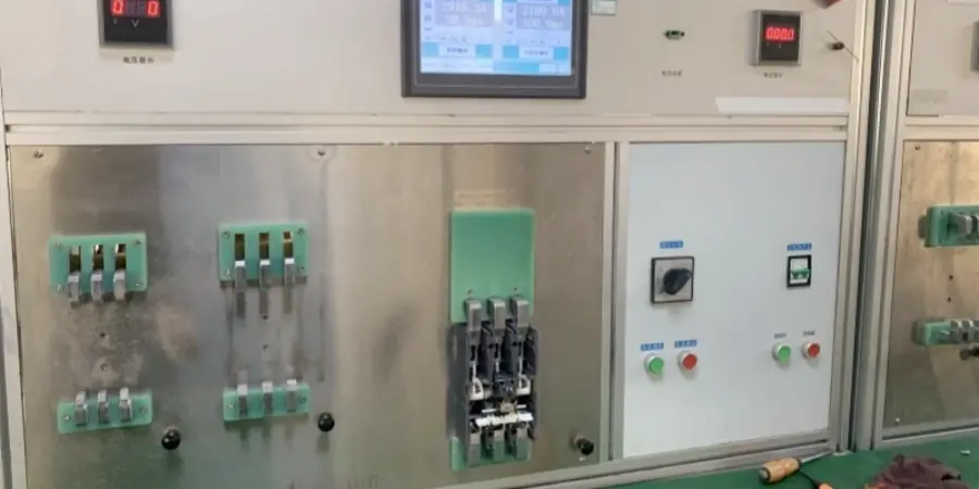 A metallic control panel in a testing environment used for instantaneous tripping characteristic verification of a molded case circuit breaker. The central section features a mounted MCCB connected via cables, surrounded by green terminal blocks for three-phase connections. Above, a digital touchscreen display shows test parameters, flanked by voltage and current digital readouts. The right side includes start/stop buttons (green and red), a rotary switch, and indicator lights.