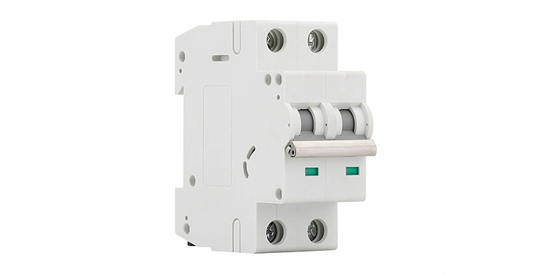 A robust white plastic double-pole miniature circuit breaker (MCB) specifically designed for solar photovoltaic and direct current (DC) applications, featuring two gray toggle switches in the ON position with green status indicators, screw terminals on the top and bottom for secure DC line and load connections, and DIN rail mounting capability, providing reliable overcurrent and short-circuit protection in solar and DC electrical systems.