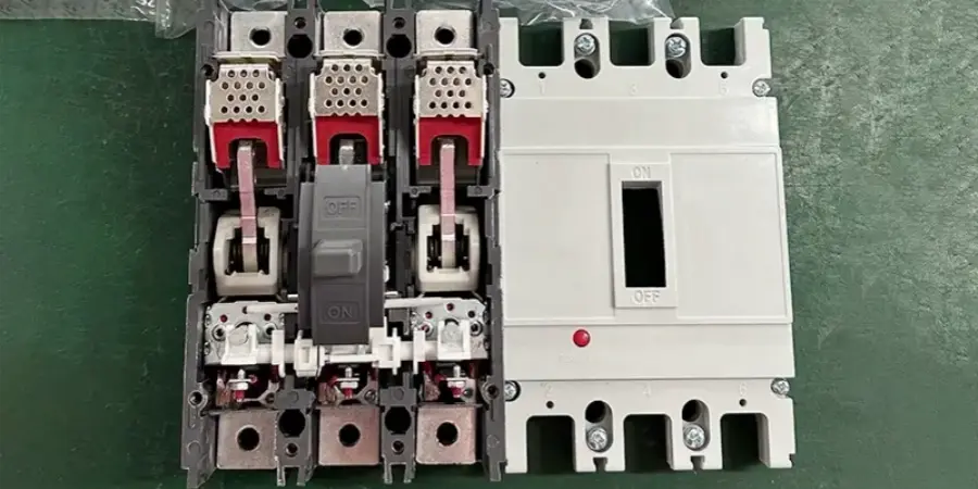A side-by-side view of two three-pole molded case circuit breakers on a green surface: the left unit has its casing partially removed, revealing the internal components including moving contacts, arc chutes with perforated plates, trip mechanism, and terminal connections; the right unit is fully enclosed with the handle in the 'OFF' position and a red indicator light visible.