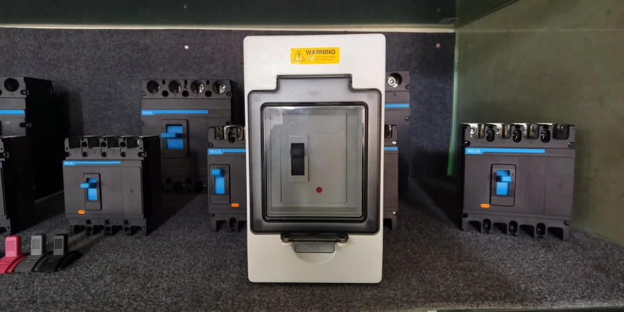 A white plastic MCCB enclosure featuring a clear transparent front door, revealing a mounted circuit breaker and red indicator light inside. The enclosure has a yellow warning label on top and is displayed alongside several black MCCBs with blue handles on a gray surface.