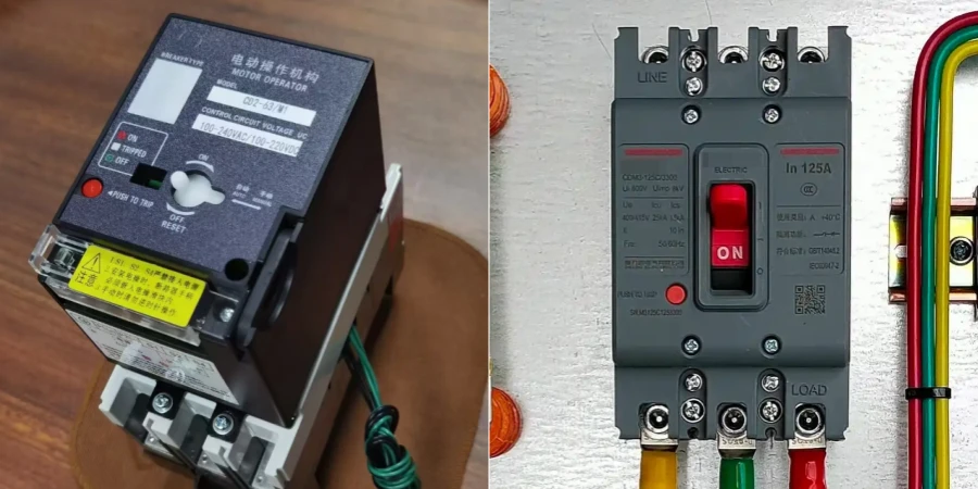 Left: An MCCB equipped with a black motorized operating mechanism on top, featuring ON (green), TRIPPED (red), OFF buttons, manual handle, and control wiring. Right: A standard gray 125A MCCB without motorized mechanism, with red handle in ON position and connected to yellow, green, and red cables using lugs.