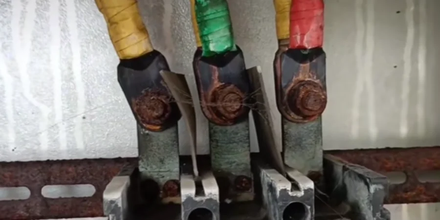 Three colored electrical cables—yellow, green, and red—connected to rusted metal busbars on a molded case circuit breaker. The terminals and bolts show heavy brown corrosion, with cobwebs and dust visible on the gray panel background.