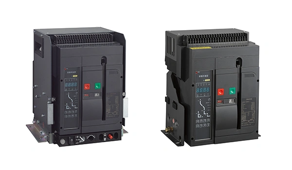 Two side-by-side images of Sincede W2 series 1600A 3-pole air circuit breakers (ACBs). On the left is the draw-out type with a black housing, black handle in the ON position, red and green status indicators, a digital trip unit display, and visible withdrawal frame with mounting base. On the right is the fixed type showing a similar front panel with indicators, digital trip unit, and rear busbar connections. Both units feature a compact black enclosure, ventilation slots, and robust industrial construction.